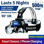 Rechargeable Headlamp,5-Night Long Battery Life,Power Indicator,500m Range,Waterproof,Zoom(Spot to Flood), Motion Sensor Switch, 90° Adjustable, Detachable Headband, Soft Light/Strobe, 1000 Lumen Constant Output, Includes Charging Cable, Power Bank