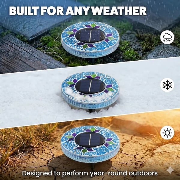 Mosaic Solar Disk Lights, Waterproof LED Outdoor In‑Ground Tabletop Lighting