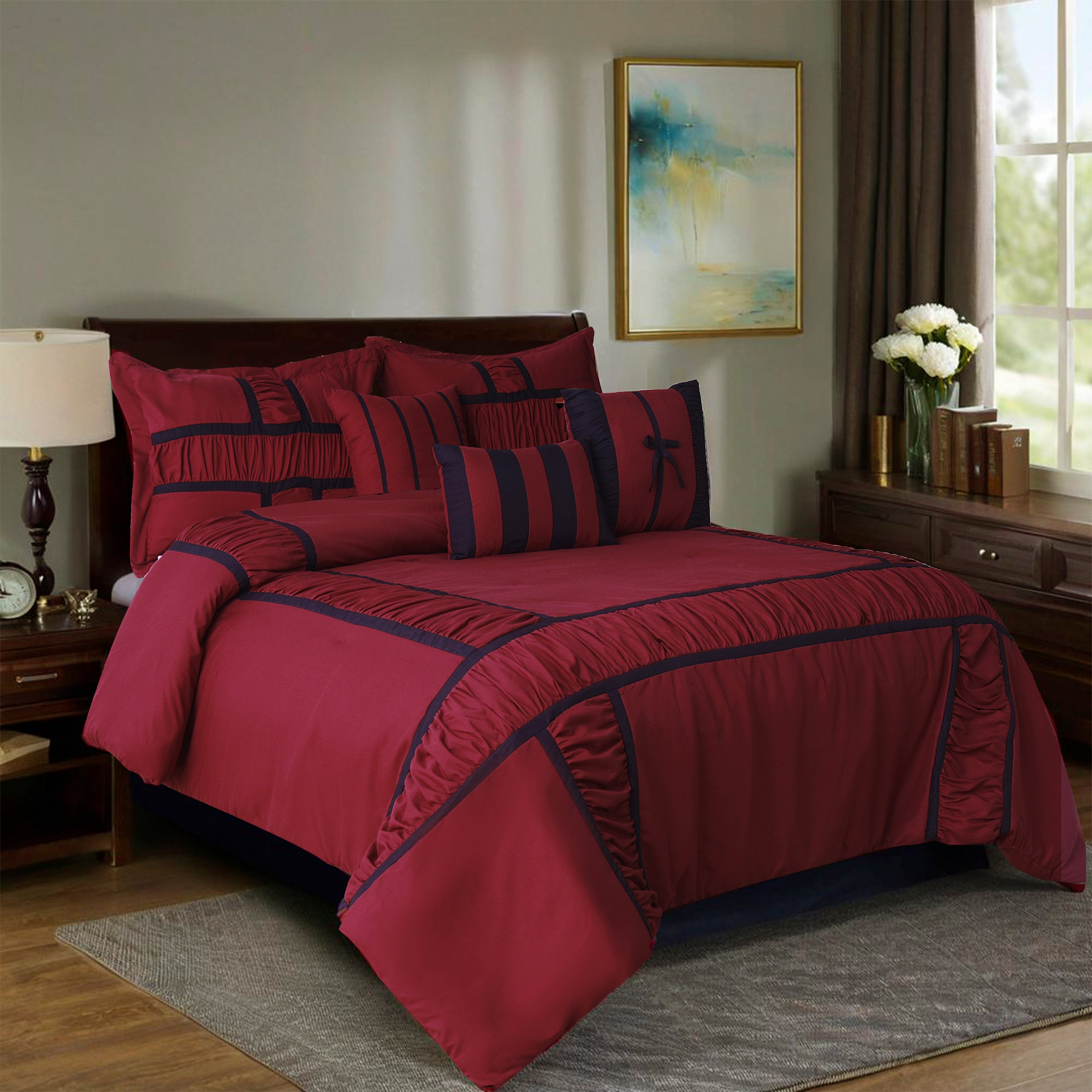 7 Piece Microfiber Ruffle and Patchwork Comforter Set