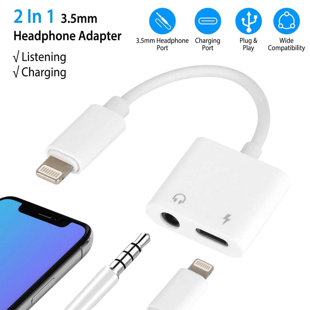 2-in-1 3.5mm Headphone Adapter Charger Audio Splitter Dongle