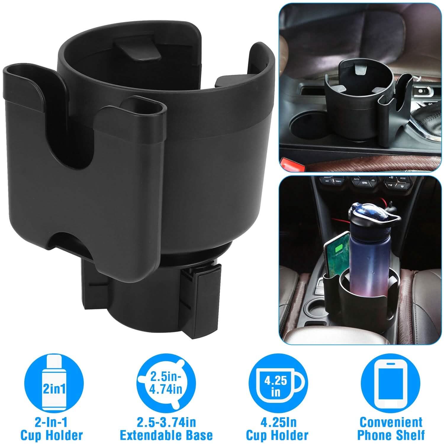 2-in-1 Car Cup Holder with Phone Holder Adjustable Base