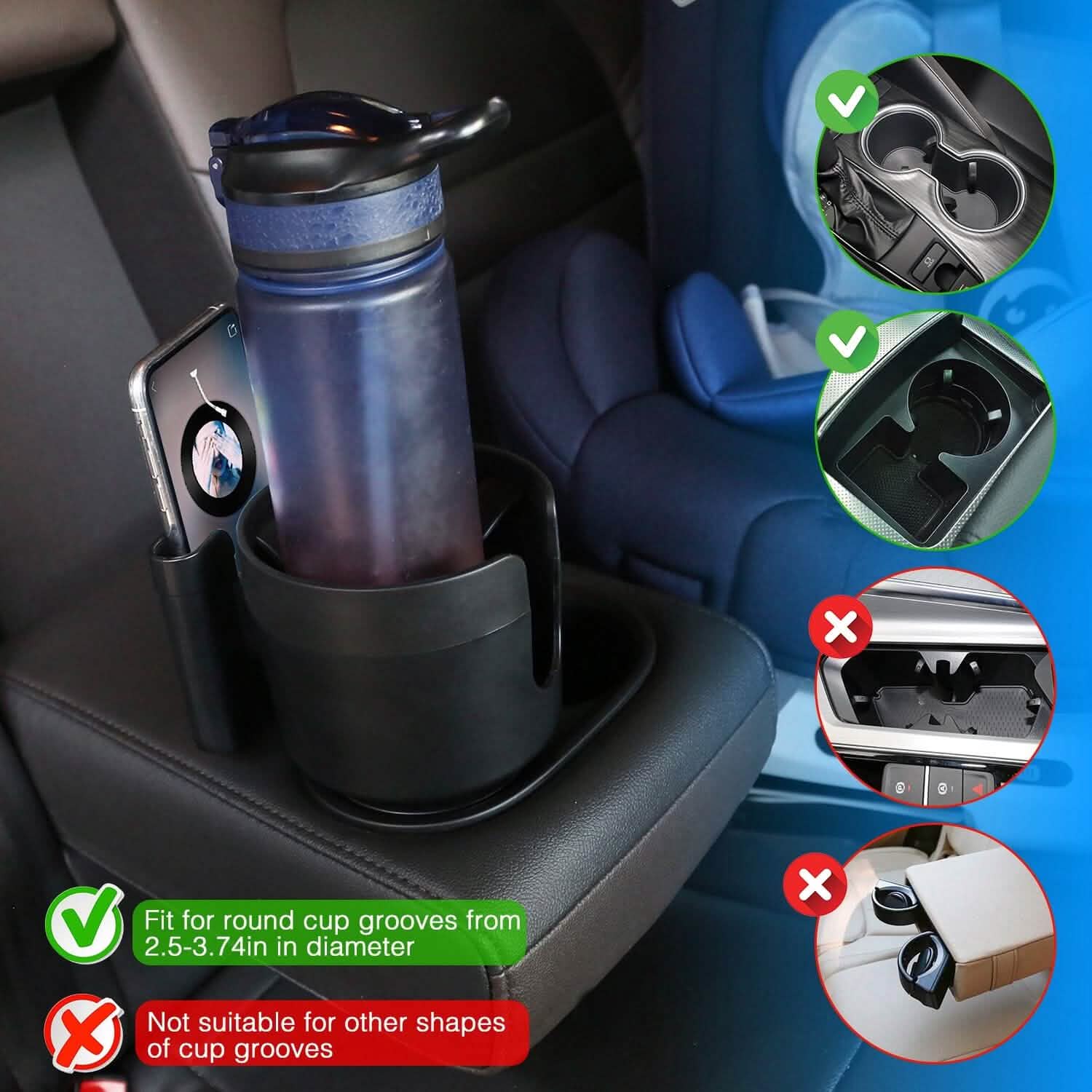 2-in-1 Car Cup Holder with Phone Holder Adjustable Base