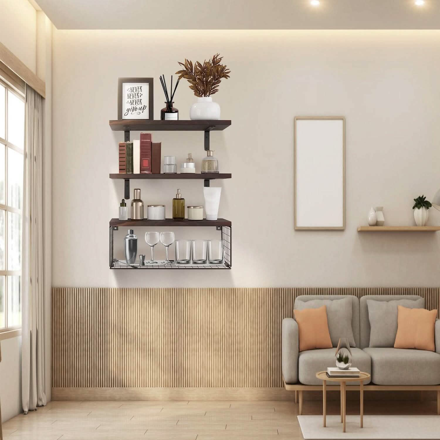 2-in-1 Floating Shelves Wall Mounted with Storage Basket
