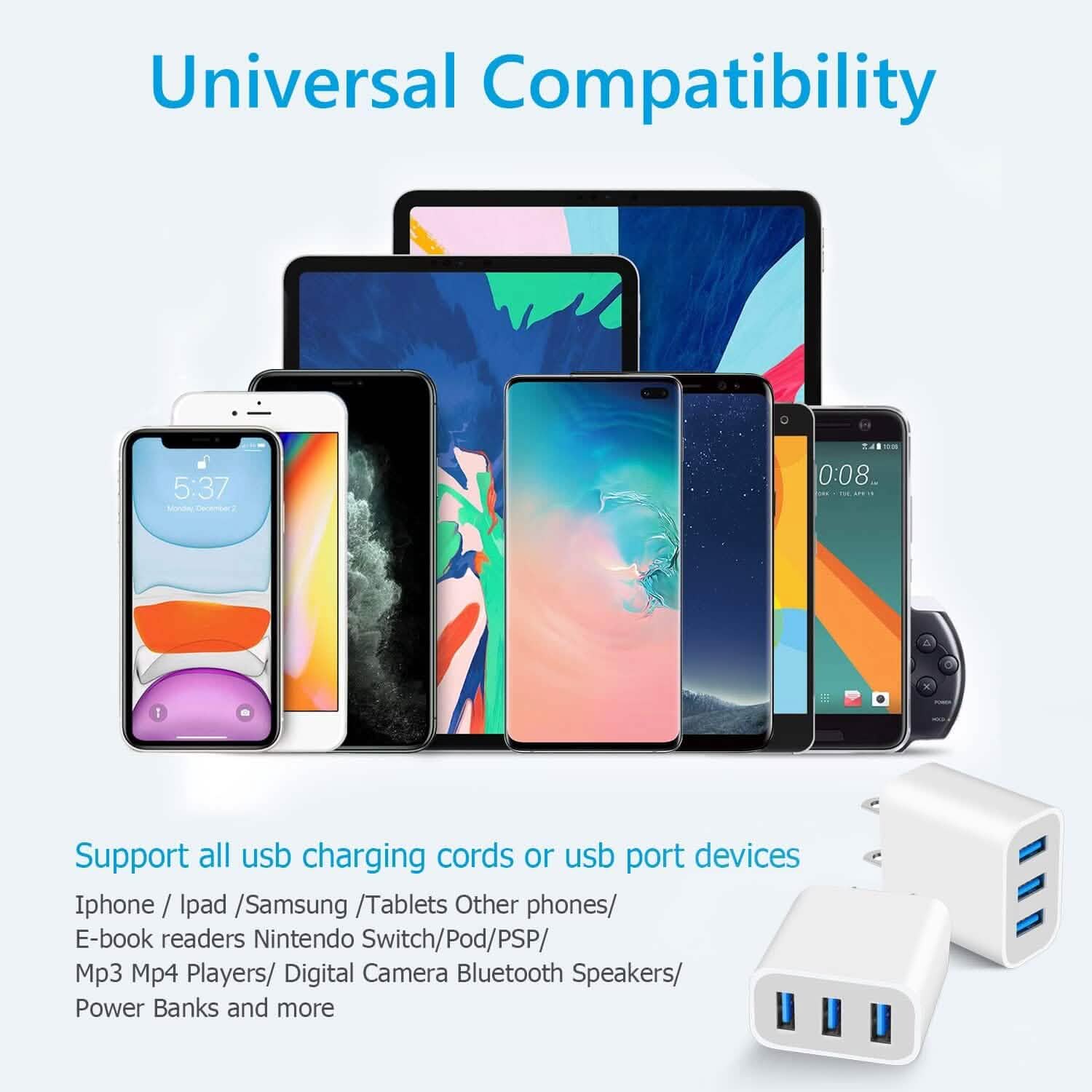 2-Pack: Compact 3-Port USB Wall Charger Adapters with Quick Charge