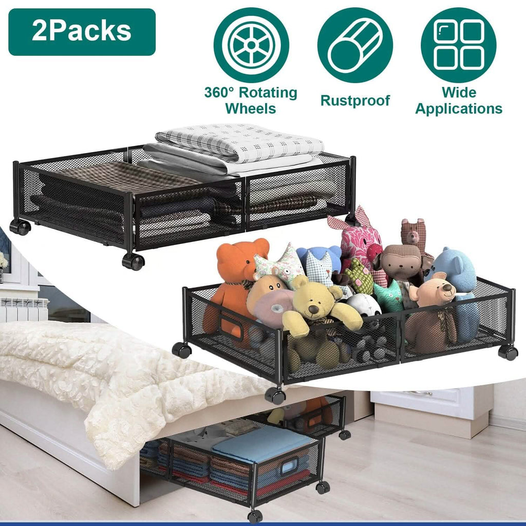 2-Pack: Under Bed Storage Container Foldable Rolling Storage Bin