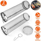 2-Piece: Portable BBQ Rolling Basket Round Stainless Steel Grill