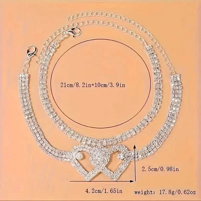 Double Love Heart Rhinestone Chain Anklet Set