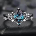2-Piece Set: Gothic Black & Golden Engagement Ring Set with Pear-Shaped Cubic Zirconia
