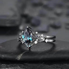 2-Piece Set: Gothic Black & Golden Engagement Ring Set with Pear-Shaped Cubic Zirconia