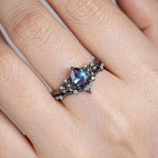 2-Piece Set: Gothic Black & Golden Engagement Ring Set with Pear-Shaped Cubic Zirconia