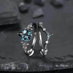 2-Piece Set: Gothic Black & Golden Engagement Ring Set with Pear-Shaped Cubic Zirconia