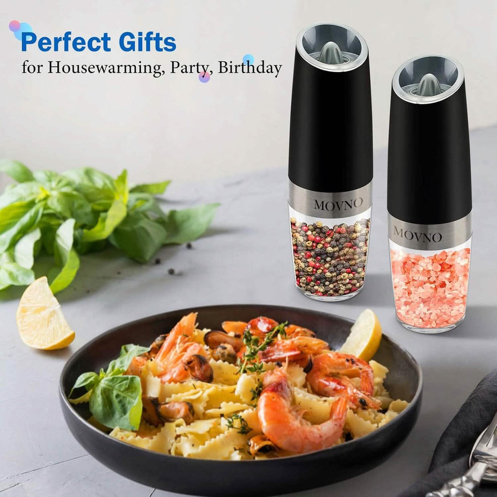 2-Piece Set: Gravity Electric Salt and Pepper Grinder Set, Battery Powered LED Light One Hand Automatic Operation