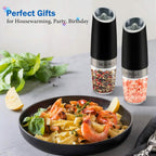 2-Piece Set: Gravity Electric Salt and Pepper Grinder Set, Battery Powered LED Light One Hand Automatic Operation