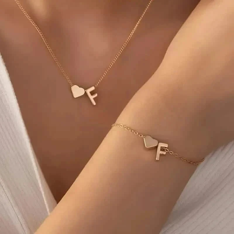 2-Piece Set: Metal Heart And English Letter Necklace And Bracelet