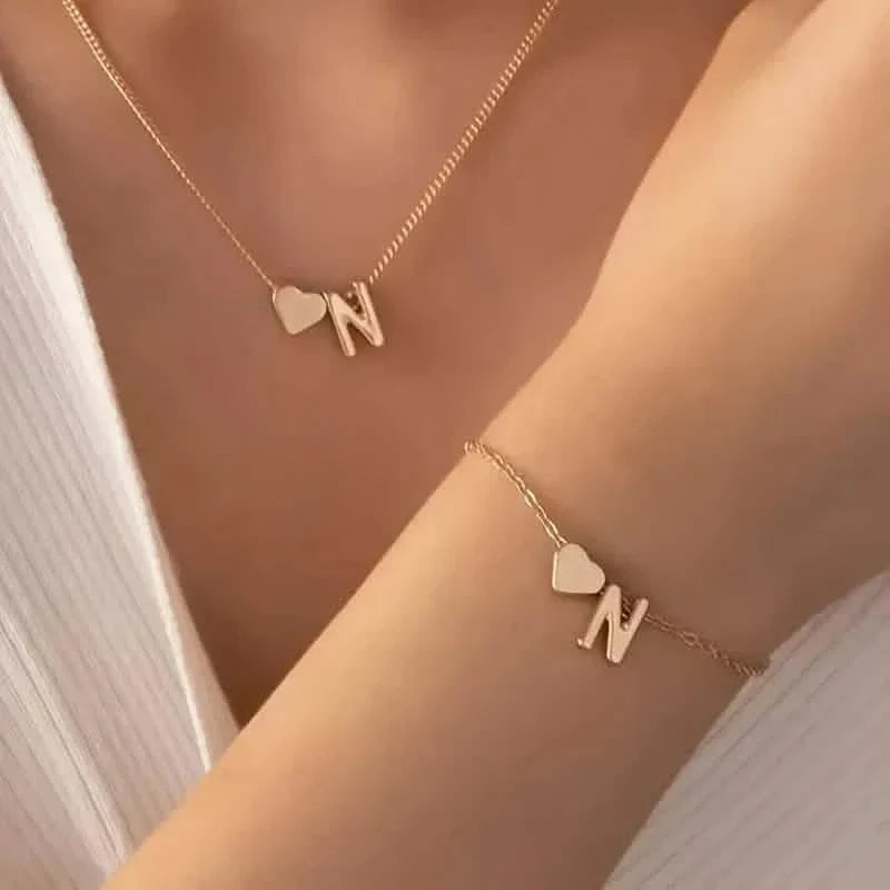 2-Piece Set: Metal Heart And English Letter Necklace And Bracelet