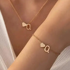 2-Piece Set: Metal Heart And English Letter Necklace And Bracelet