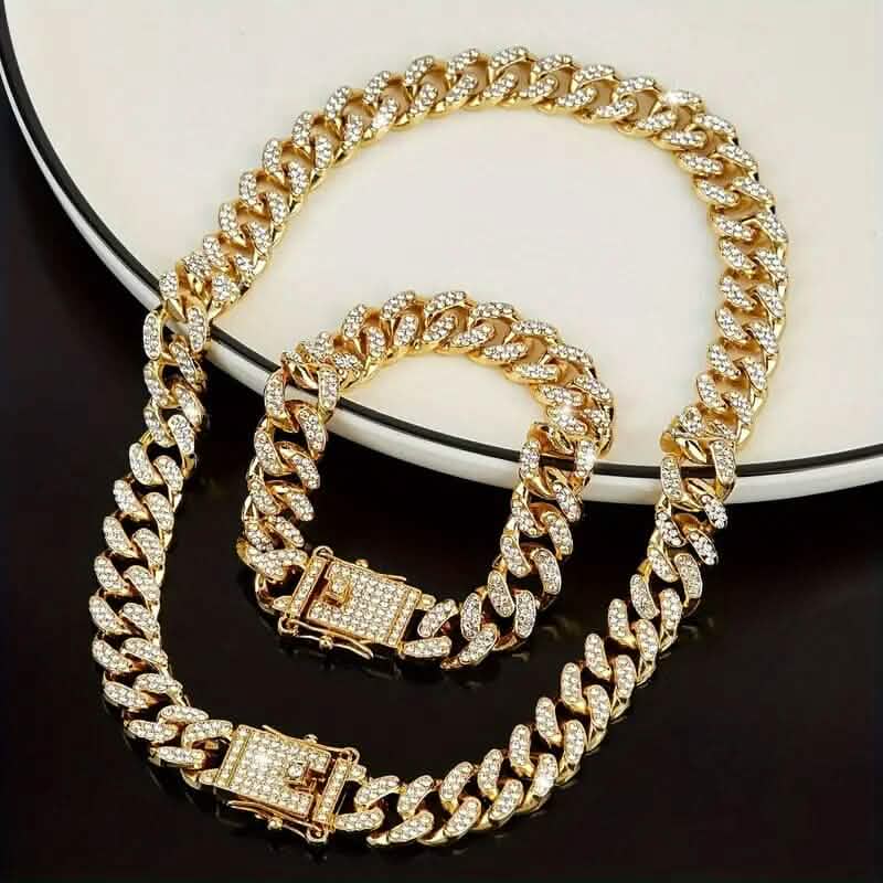 2-Piece Set: Unisex Hip Hop Cuban Chain Necklace and 8" Bracelet