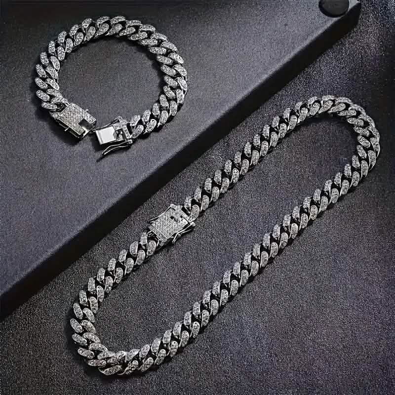 2-Piece Set: Unisex Hip Hop Cuban Chain Necklace and 8" Bracelet