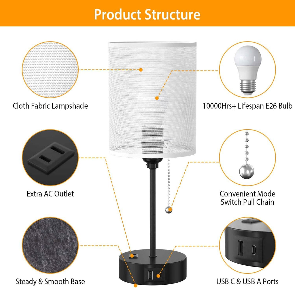 2-Pieces: Bedside Lamps 3 Color Modes USB C+A AC Output Ports Pull Chain