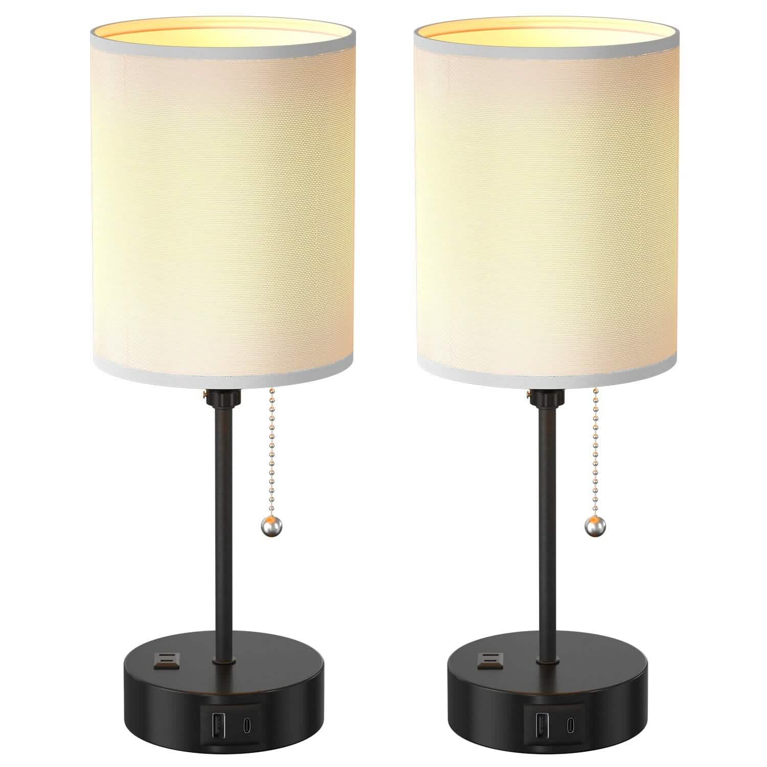 2-Pieces: Bedside Lamps 3 Color Modes USB C+A AC Output Ports Pull Chain