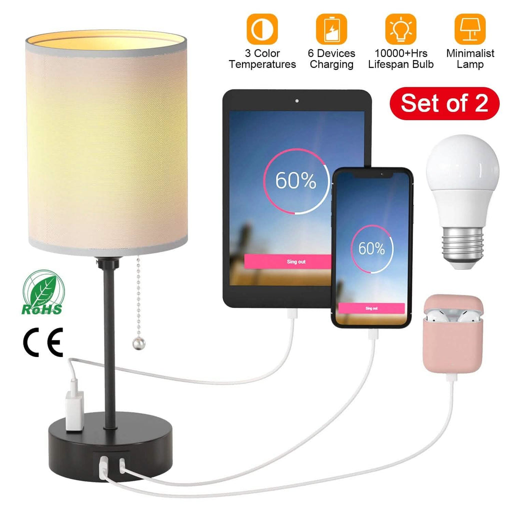 2-Pieces: Bedside Lamps 3 Color Modes USB C+A AC Output Ports Pull Chain