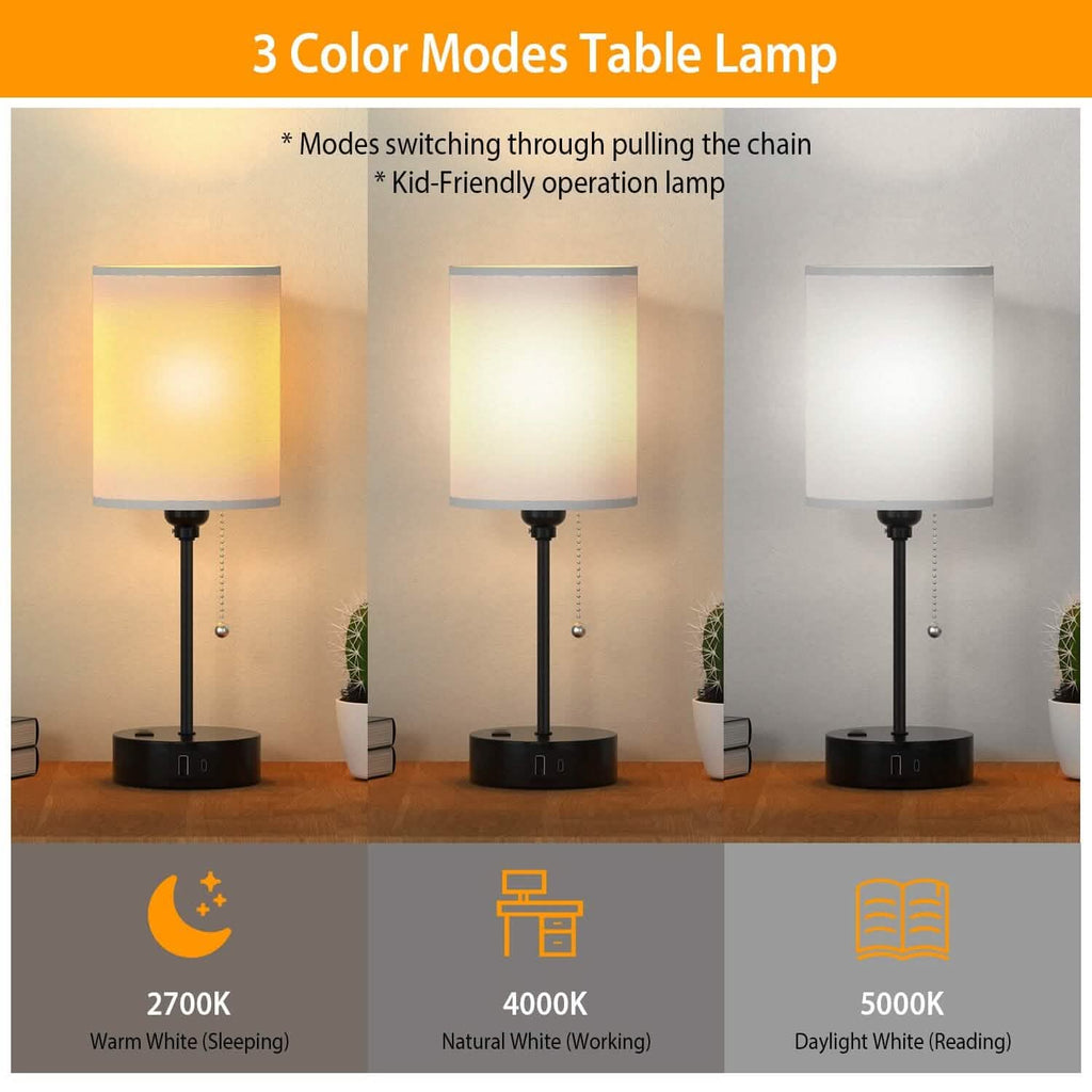 2-Pieces: Bedside Lamps 3 Color Modes USB C+A AC Output Ports Pull Chain