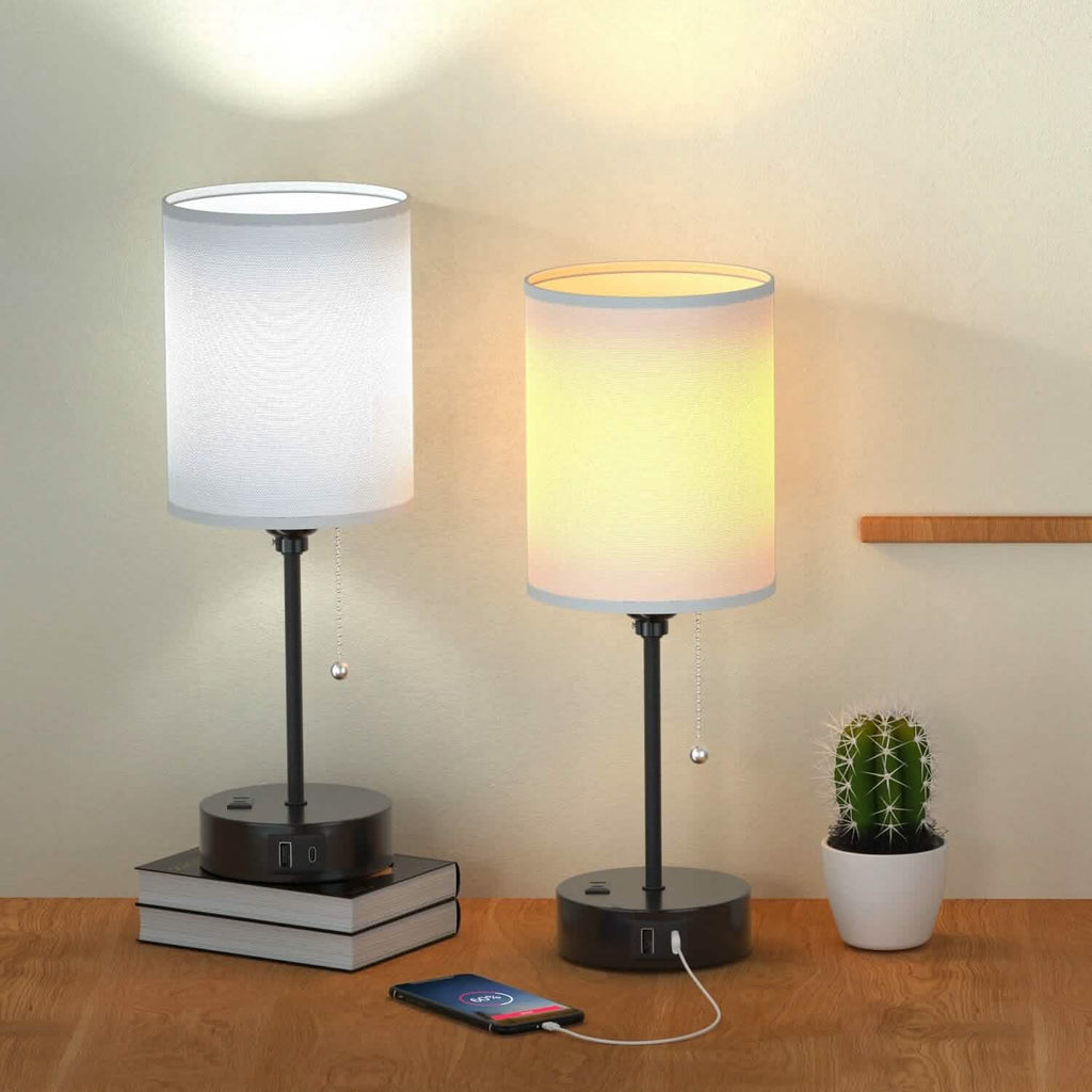 2-Pieces: Bedside Lamps 3 Color Modes USB C+A AC Output Ports Pull Chain
