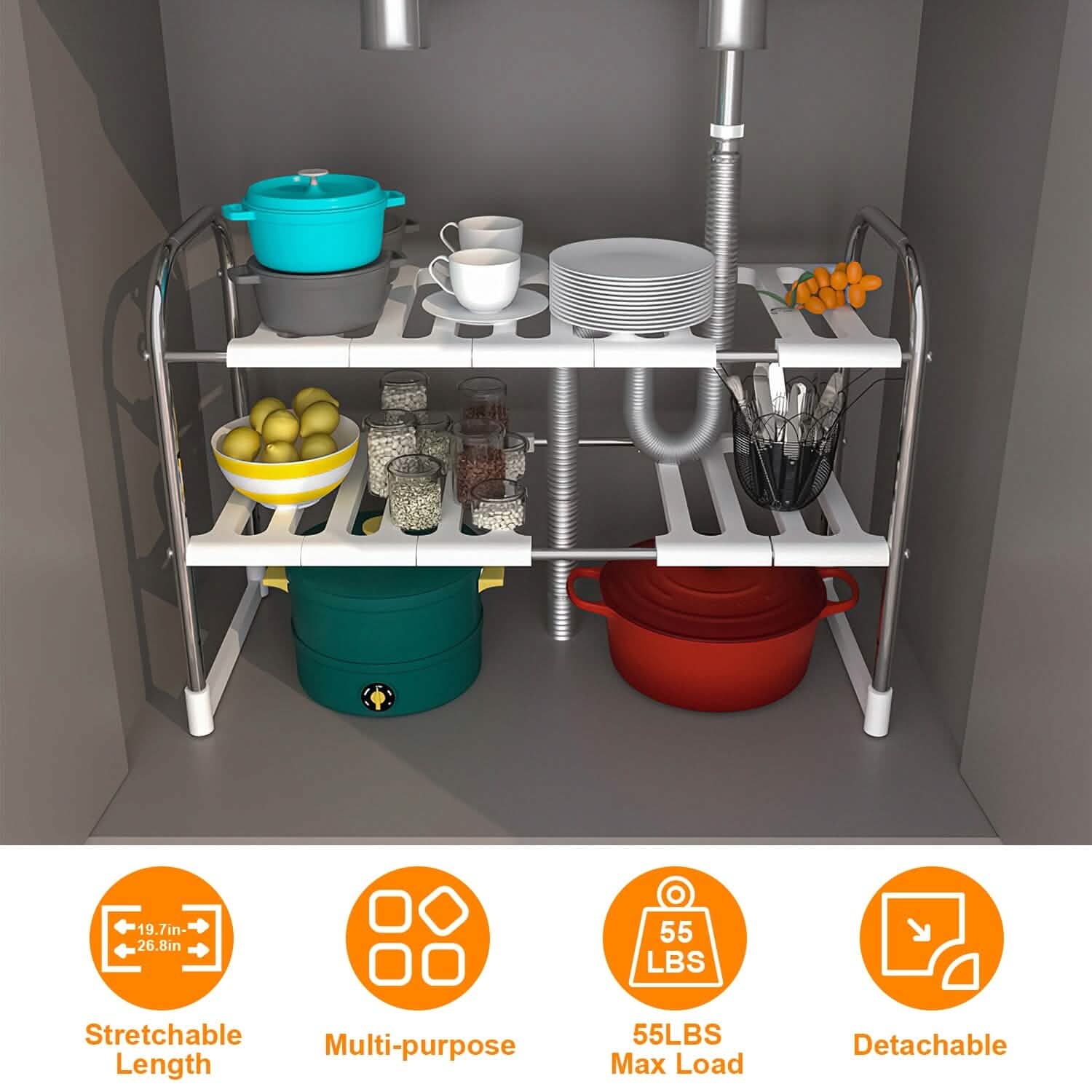 2-Tier Under Sink Organizer Retractable Kitchen Rack Holder