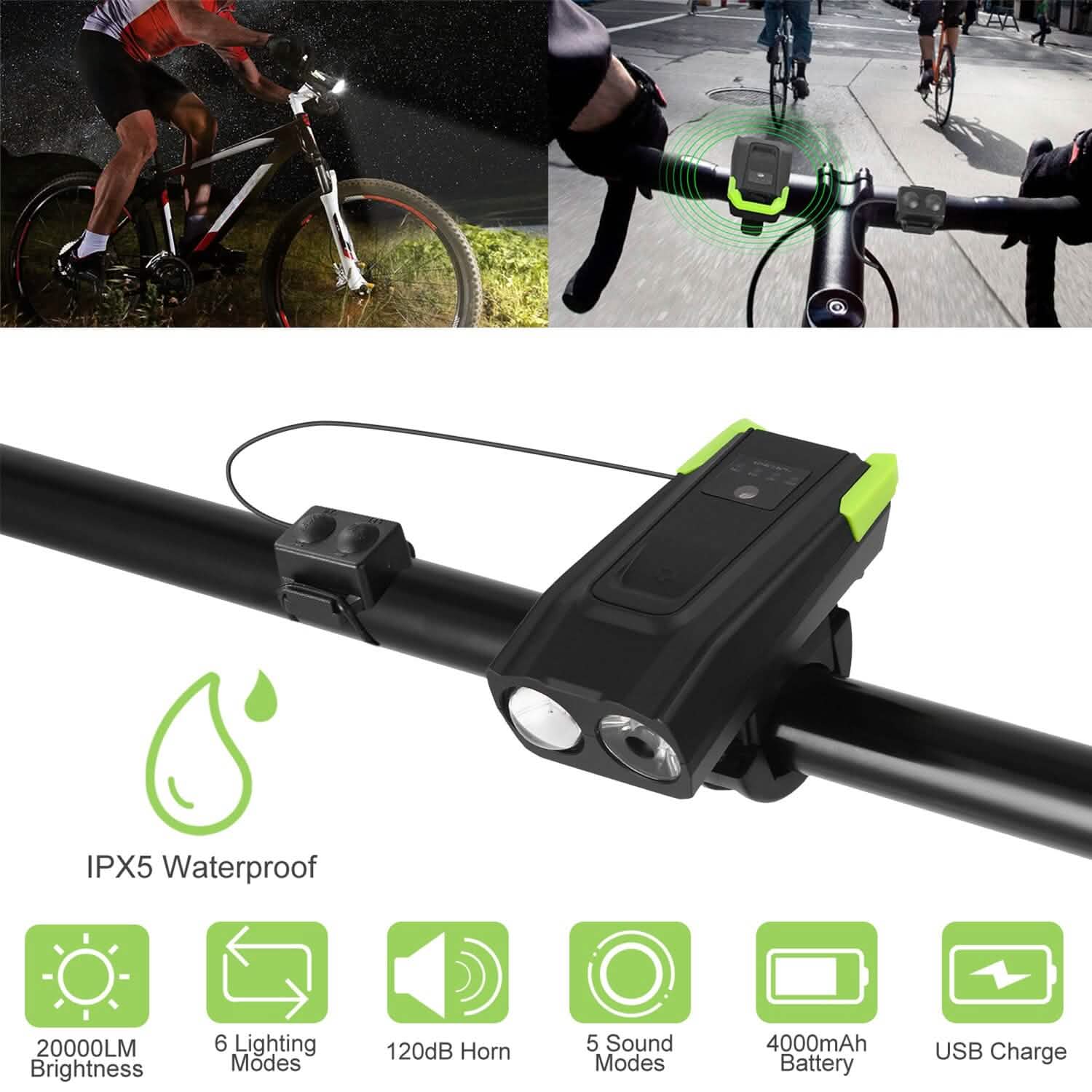 20000LM Bike Front Light with 120dB Loud Horn
