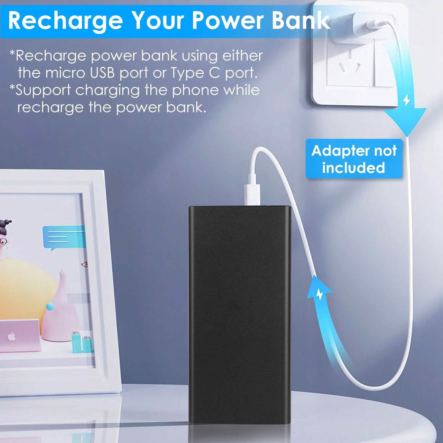 20000mAh Power Bank Portable External Battery Pack with Dual USB Output Ports Type C Micro USB Input
