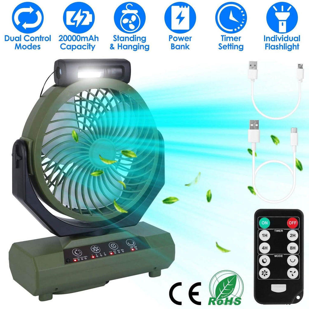 20000mAh Rechargeable Oscillating Camping Fan with Flashlight Hanging Hook Remote Control