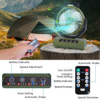 20000mAh Rechargeable Oscillating Camping Fan with Flashlight Hanging Hook Remote Control