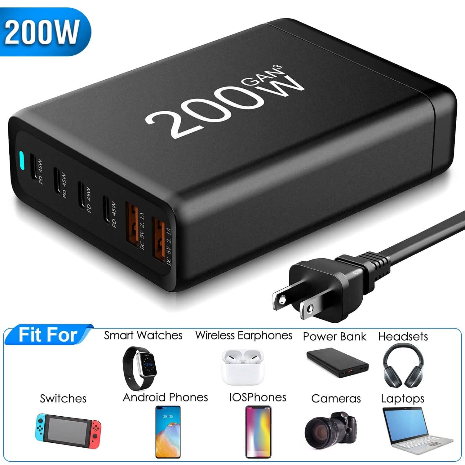 200W Fast Wall Charger with 6 Charging Ports Desktop USB Charging Station