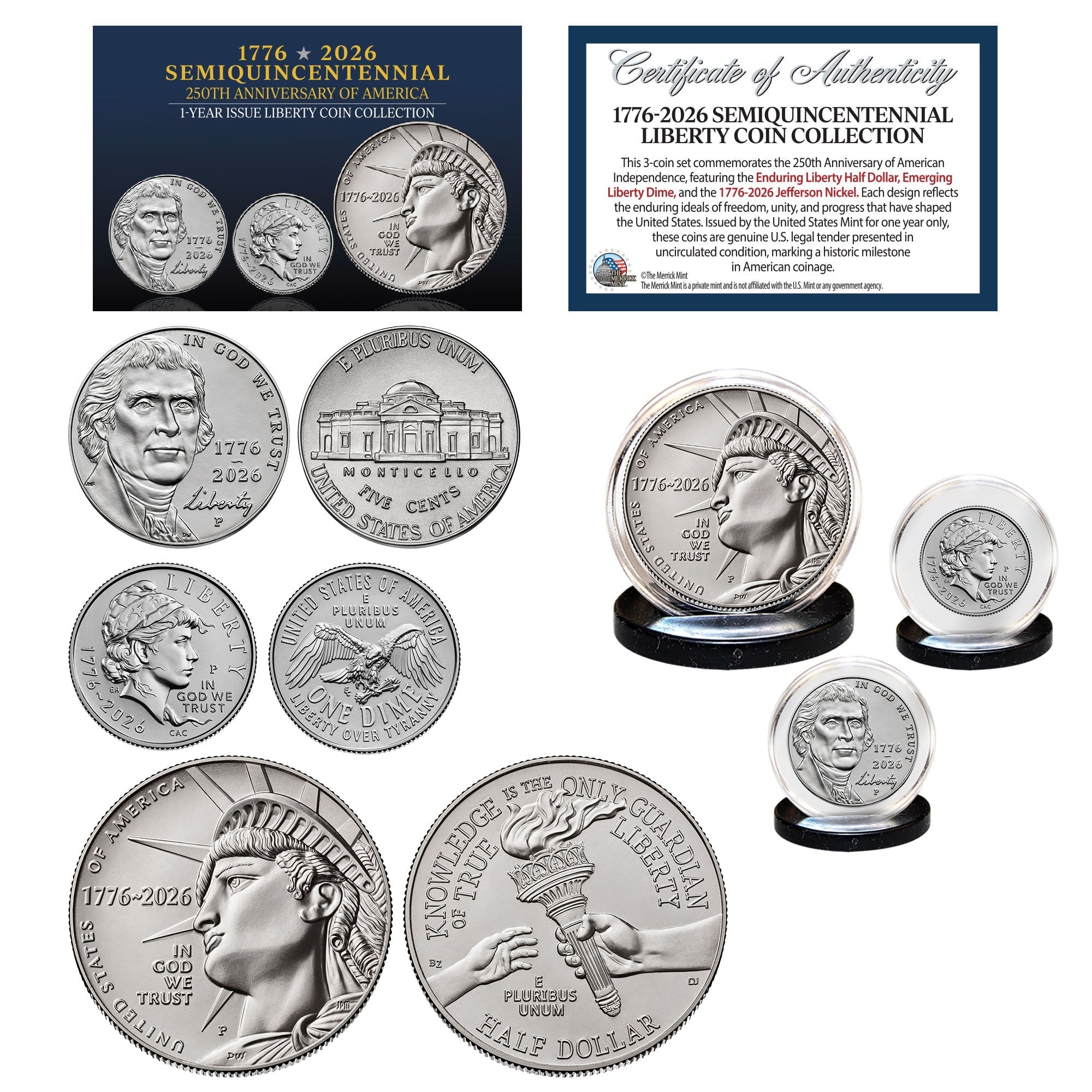 (P-MINT) 1776–2026 Semiquincentennial Liberty 3-Coin Set – USA 250th Collector's Edition