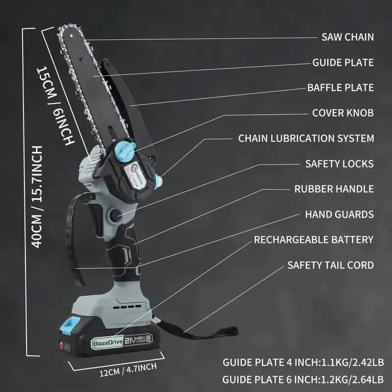 21V 4-6 Inch Cordless Chainsaw Kit with Built-in Lubrication, Battery and Charger