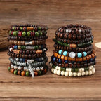 22-Pieces: Bohemian Vintage Wooden Beads Bracelet Set