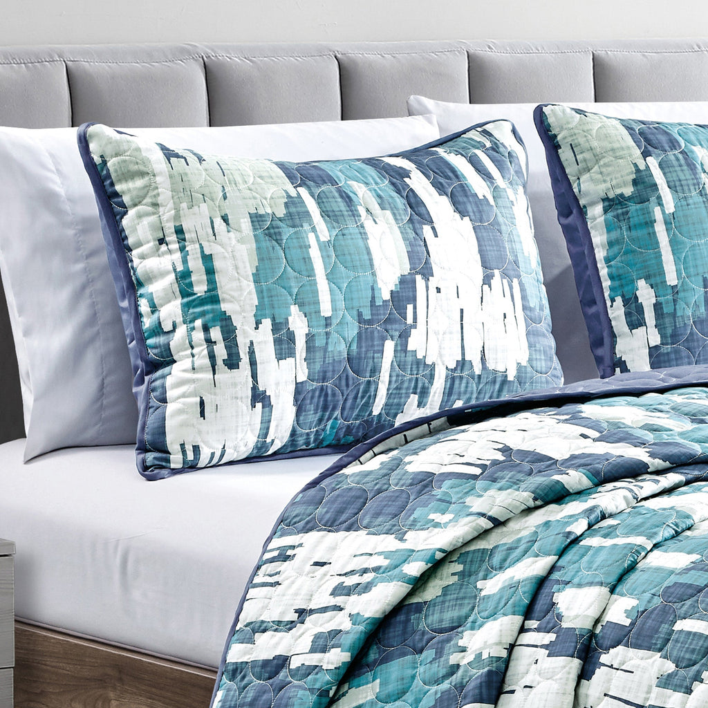 Reversible 3-Piece Abstract Watercolor Bedspread Set - Quilted Coverlet with Pillow Shams