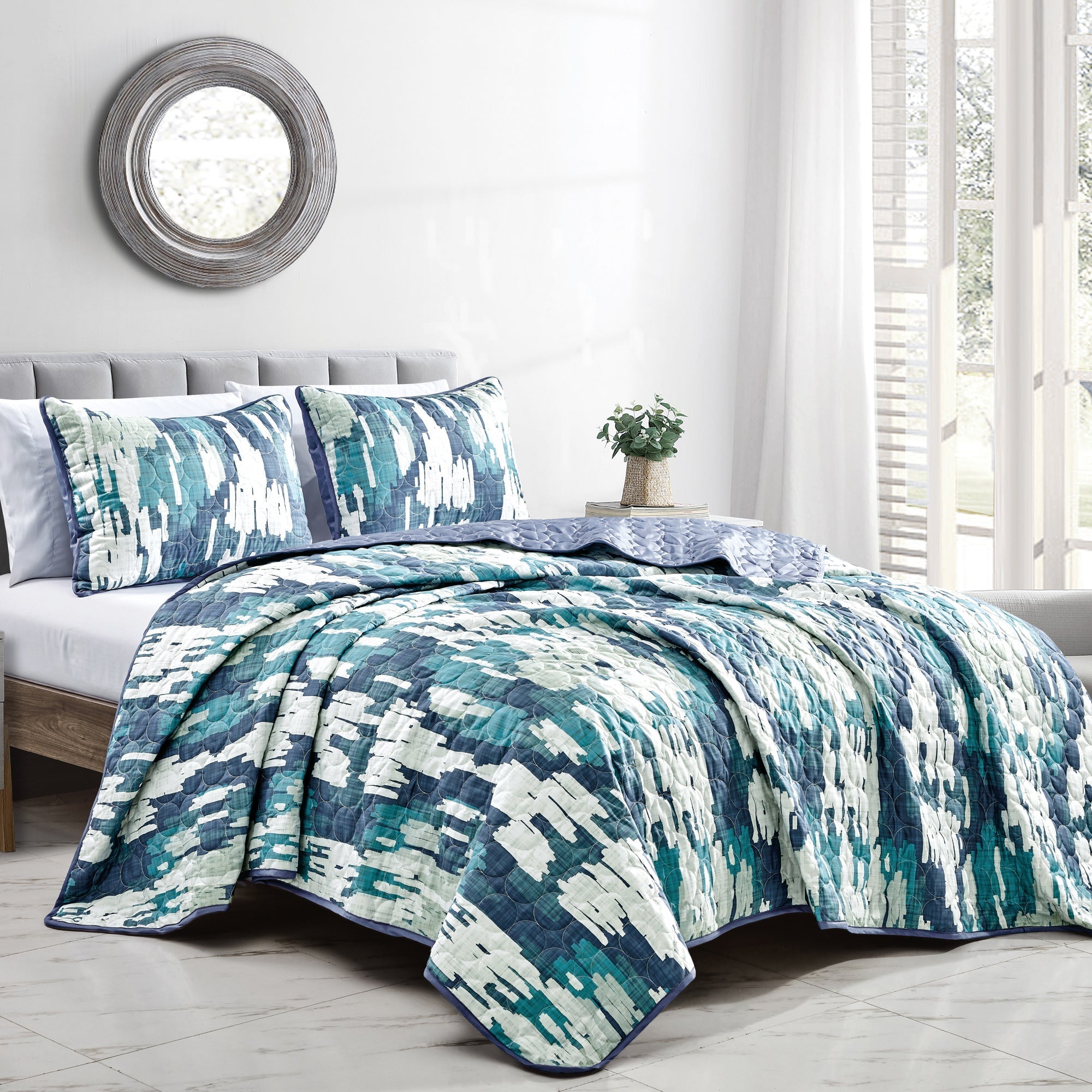 Reversible 3-Piece Abstract Watercolor Bedspread Set - Quilted Coverlet with Pillow Shams