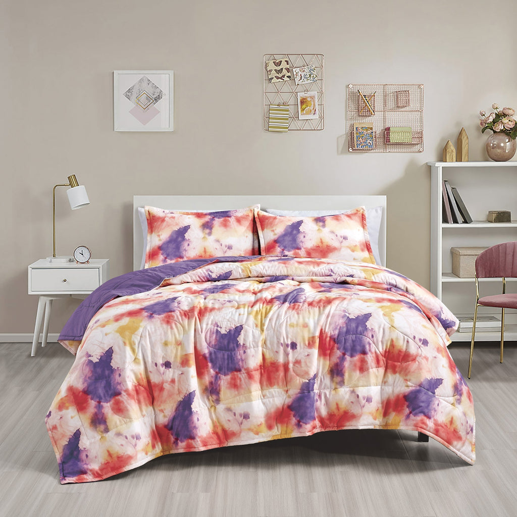 Reversible 3-Piece Watercolor Tie-Dye Bedspread Set - Quilted Coverlet with Pillow Shams