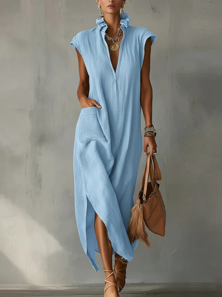 Women’s Cotton-Linen Sleeveless Solid-Color Shirt Dress