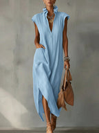Women’s Cotton-Linen Sleeveless Solid-Color Shirt Dress