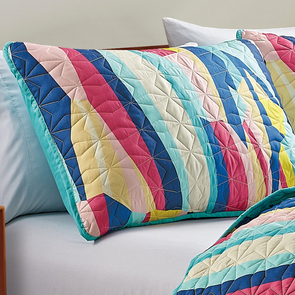 Reversible 3-Piece Vibrant Geometric Stripe Bedspread Set - Quilted Coverlet with Pillow Shams