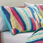 Reversible 3-Piece Vibrant Geometric Stripe Bedspread Set - Quilted Coverlet with Pillow Shams