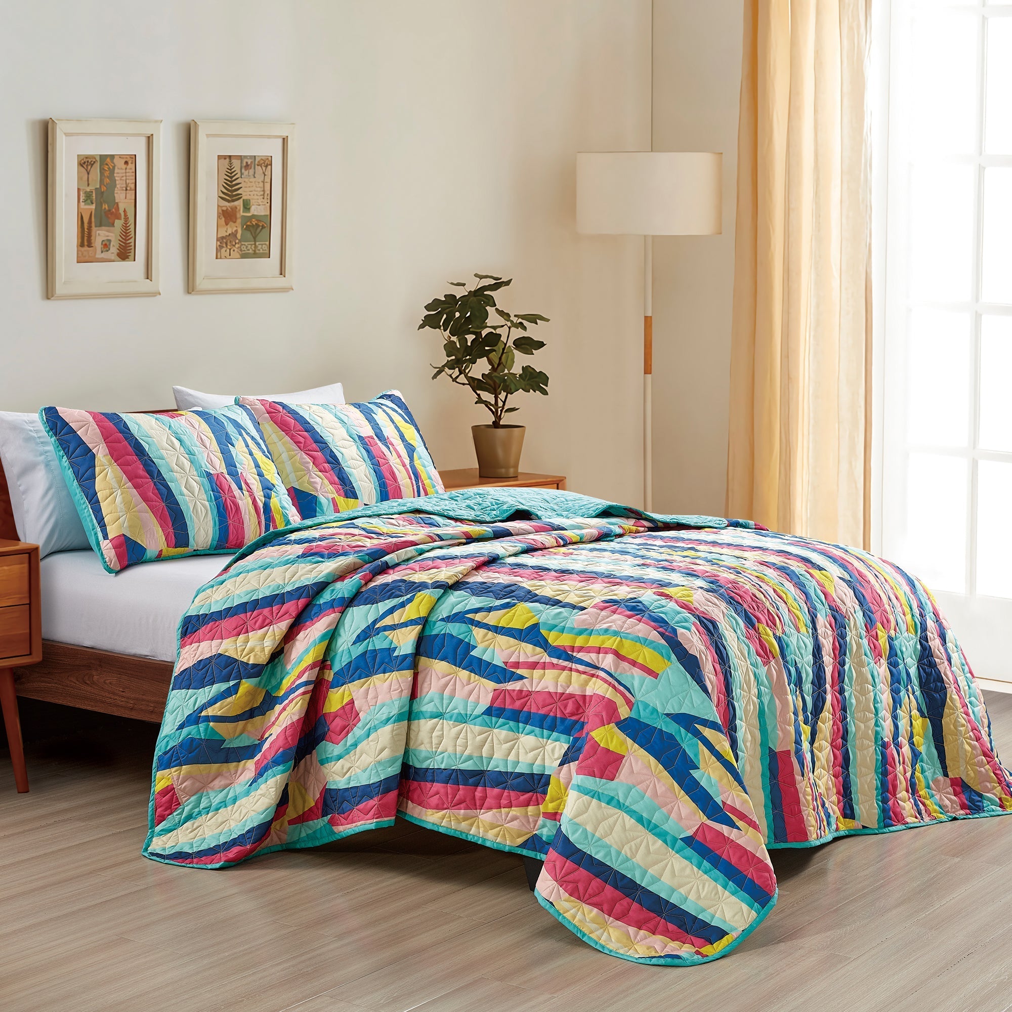 Reversible 3-Piece Vibrant Geometric Stripe Bedspread Set - Quilted Coverlet with Pillow Shams