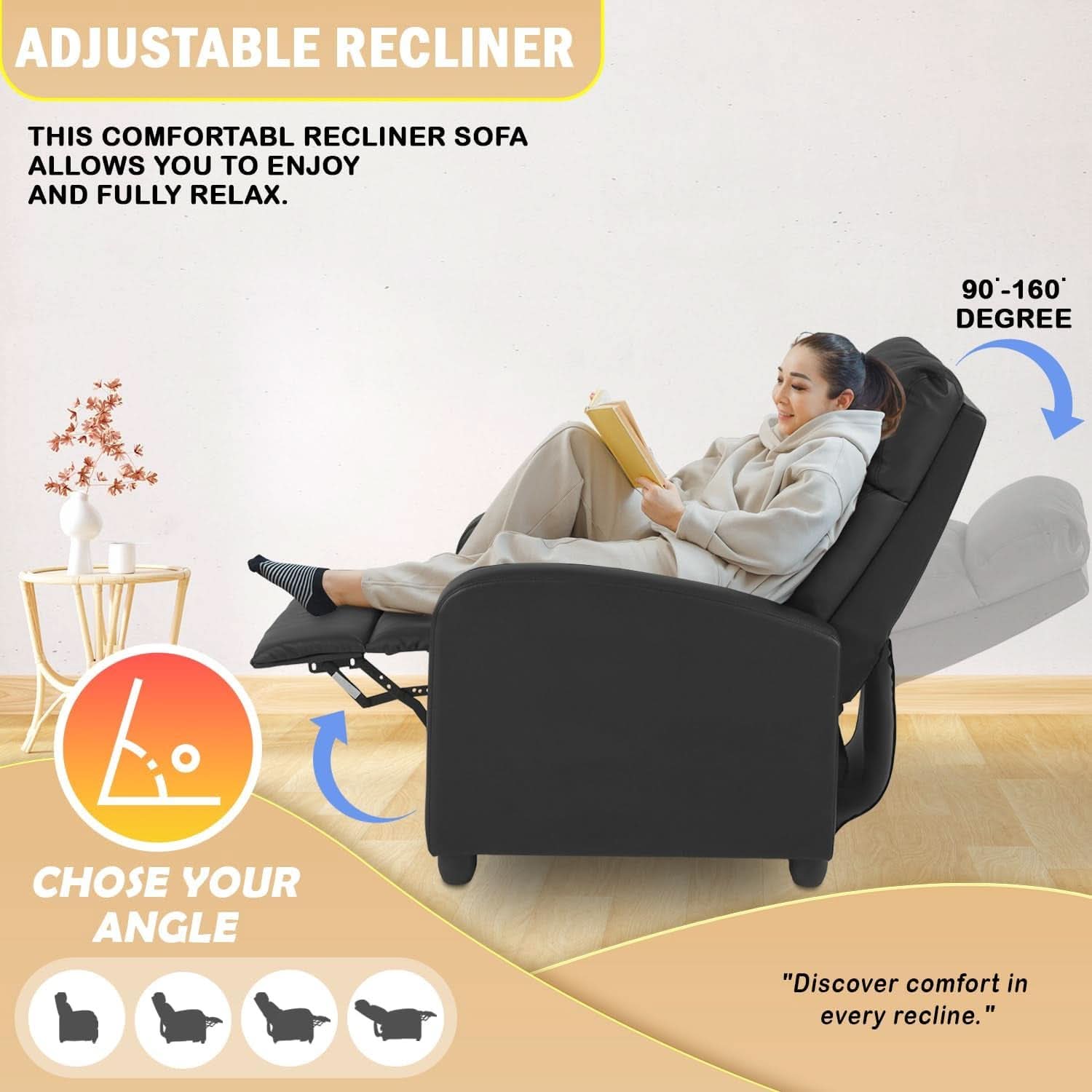 Black Leather Recliner Chair With Lumbar Support For Living Room