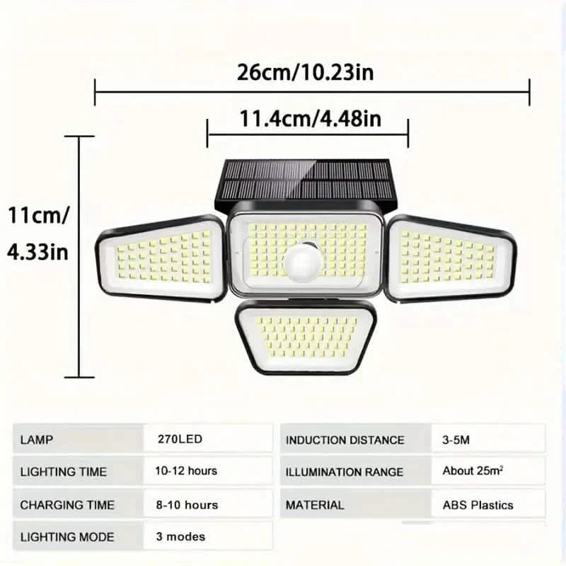 270 LEDs Solar Wall Light With Motion Sensor - 4 Head Lamp, 3 Lighting Modes Wide Angle Security Wireless Flood Light