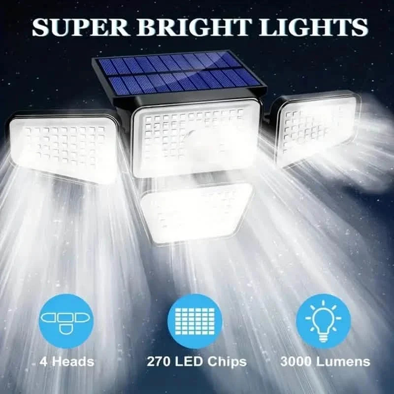270 LEDs Solar Wall Light With Motion Sensor - 4 Head Lamp, 3 Lighting Modes Wide Angle Security Wireless Flood Light