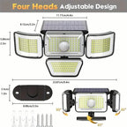 278LEDs 3000LM Motion Sensor 6500K Solar Powered, 4 Heads Security Flood, 300° Wide Angle Wall With 3 Modes