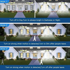 278LEDs 3000LM Motion Sensor 6500K Solar Powered, 4 Heads Security Flood, 300° Wide Angle Wall With 3 Modes