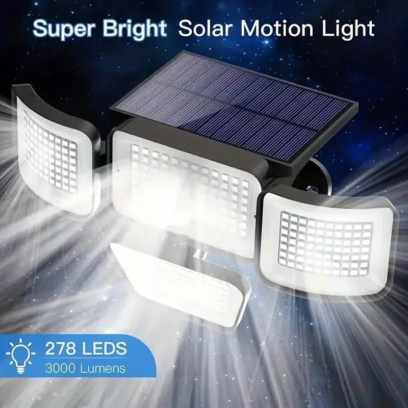 278LEDs 3000LM Motion Sensor 6500K Solar Powered, 4 Heads Security Flood, 300° Wide Angle Wall With 3 Modes